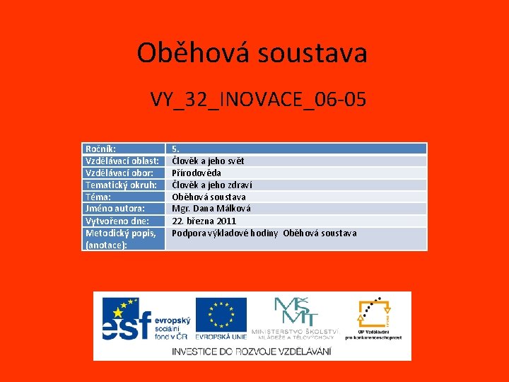 Oběhová soustava VY_32_INOVACE_06 -05 Ročník: Vzdělávací oblast: Vzdělávací obor: Tematický okruh: Téma: Jméno autora: