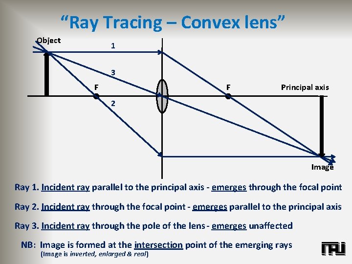 “Ray Tracing – Convex lens” Object 1 3 F F Principal axis 2 Image