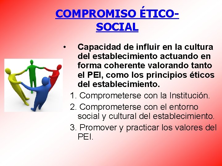 COMPROMISO ÉTICOSOCIAL • Capacidad de influir en la cultura del establecimiento actuando en forma
