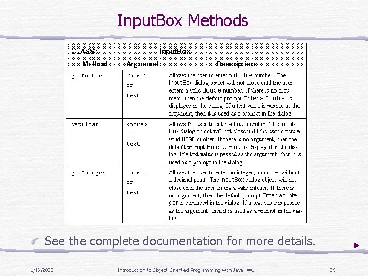Input. Box Methods See the complete documentation for more details. 1/16/2022 Introduction to Object-Oriented