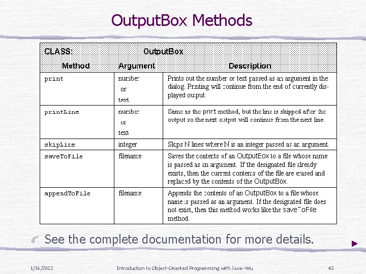 Output. Box Methods See the complete documentation for more details. 1/16/2022 Introduction to Object-Oriented