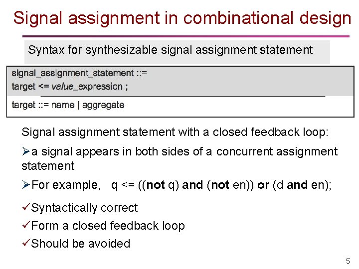 Signal assignment in combinational design Syntax for synthesizable signal assignment statement Signal assignment statement
