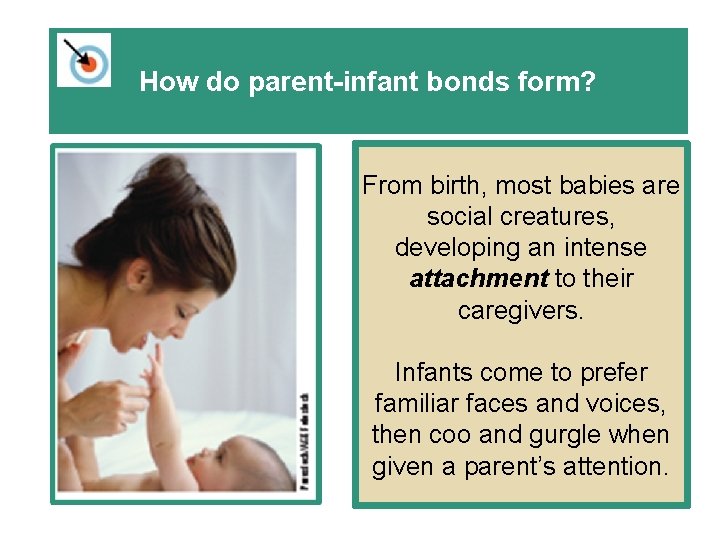 How do parent-infant bonds form? From birth, most babies are social creatures, developing an