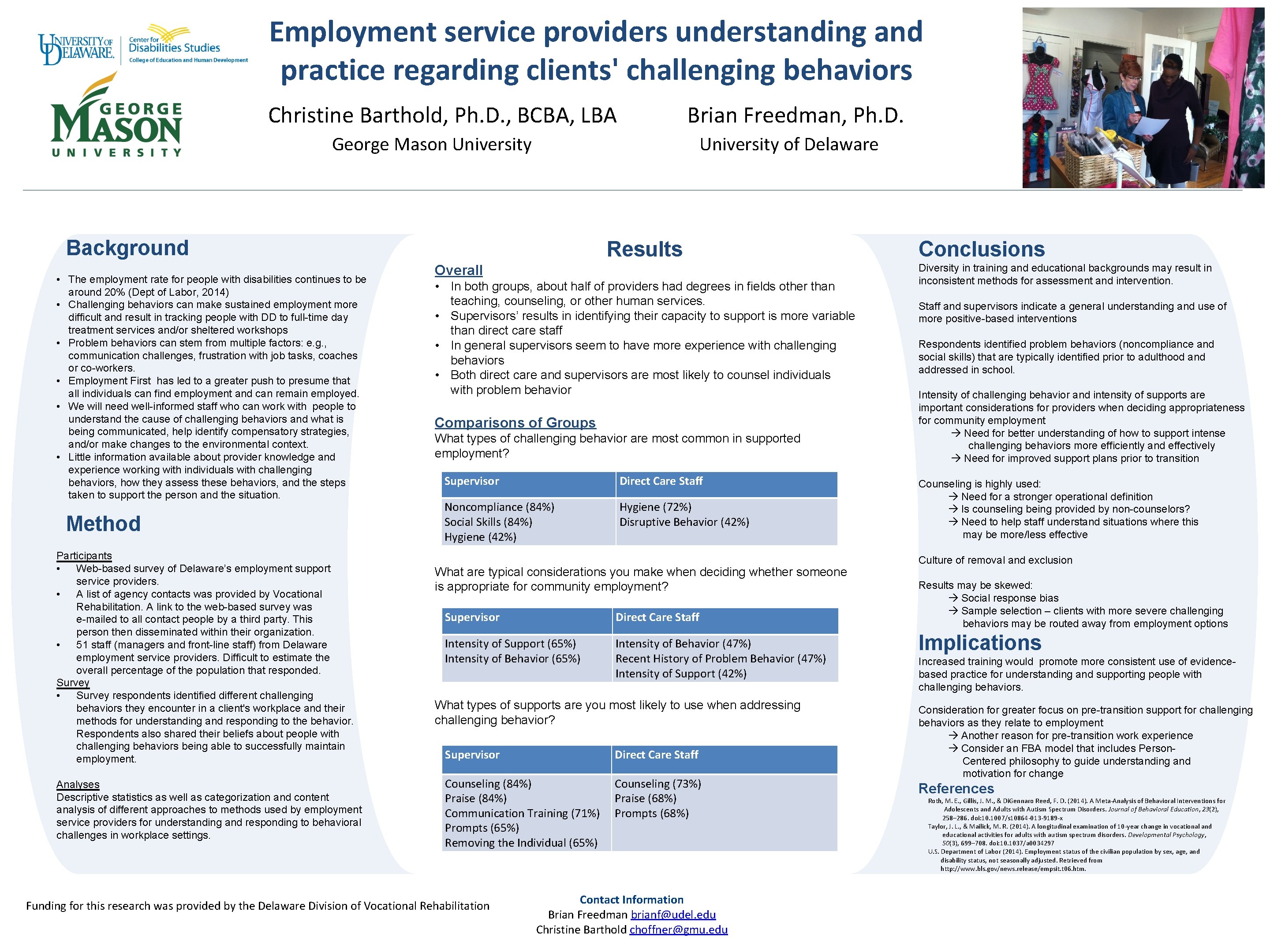 Employment service providers understanding and practice regarding clients' challenging behaviors Christine Barthold, Ph. D.