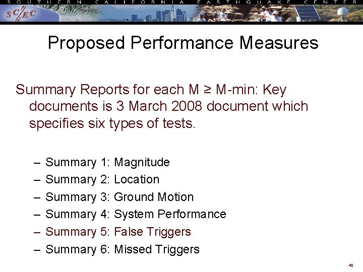 Proposed Performance Measures Summary Reports for each M ≥ M-min: Key documents is 3