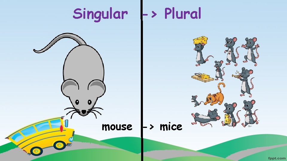 Singular -> Plural mouse -> mice 