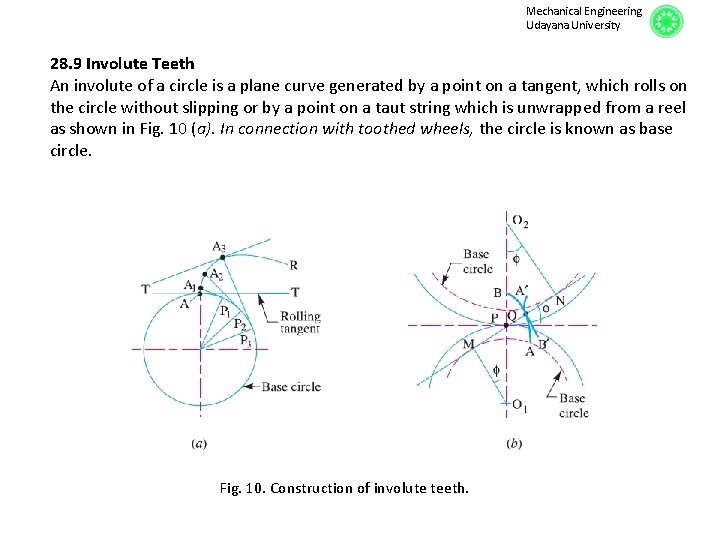 Mechanical Engineering Udayana University 28. 9 Involute Teeth An involute of a circle is