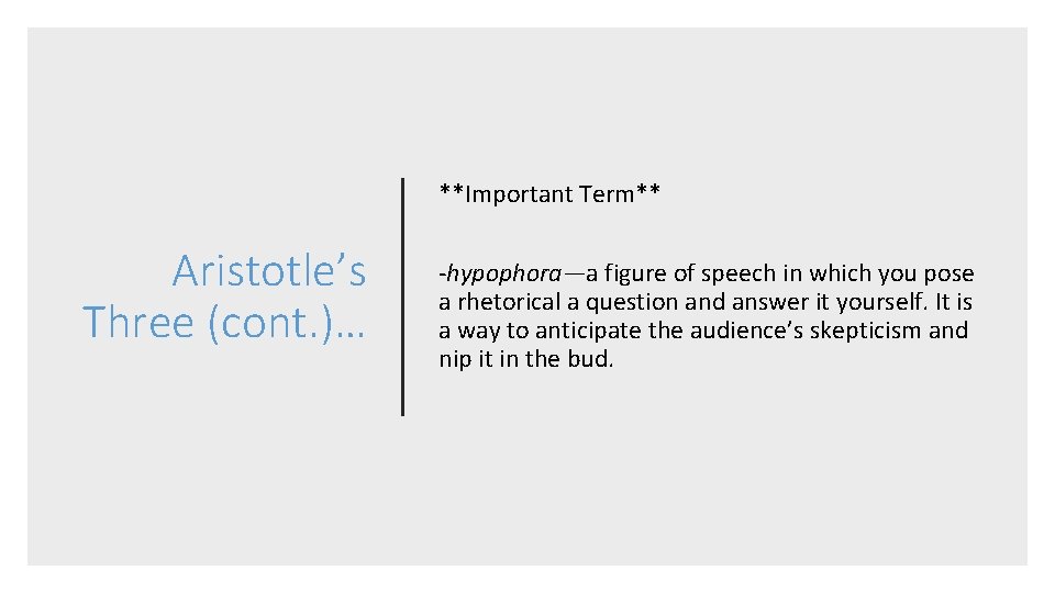 **Important Term** Aristotle’s Three (cont. )… -hypophora—a figure of speech in which you pose