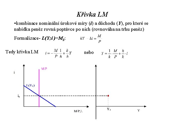 Křivka LM • kombinace nominální úrokové míry (i) a důchodu (Y), pro které se