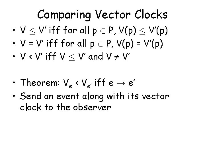 Comparing Vector Clocks • V · V’ iff for all p 2 P, V(p)