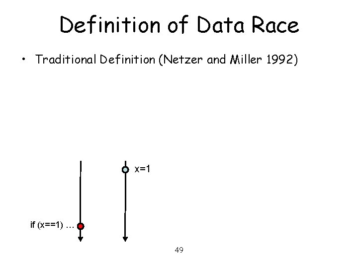 Definition of Data Race • Traditional Definition (Netzer and Miller 1992) x=1 if (x==1)