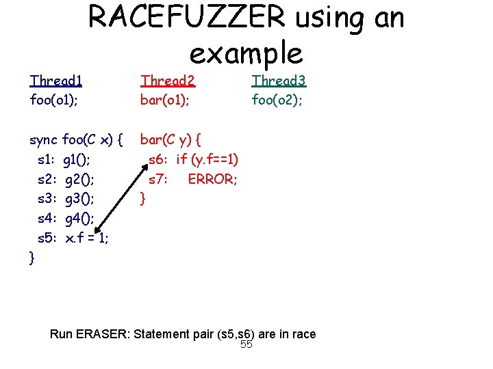 Thread 1 foo(o 1); RACEFUZZER using an example sync foo(C x) { s 1: