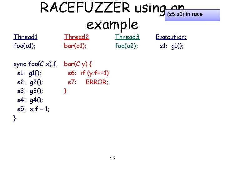 Thread 1 foo(o 1); RACEFUZZER using (s 5, s 6) an in race example