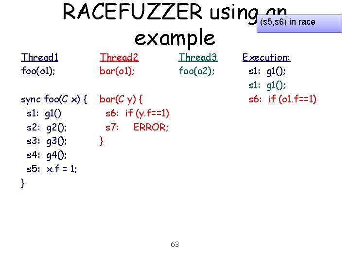 Thread 1 foo(o 1); RACEFUZZER using (s 5, s 6) an in race example