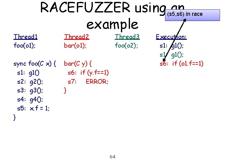 Thread 1 foo(o 1); RACEFUZZER using (s 5, s 6) an in race example