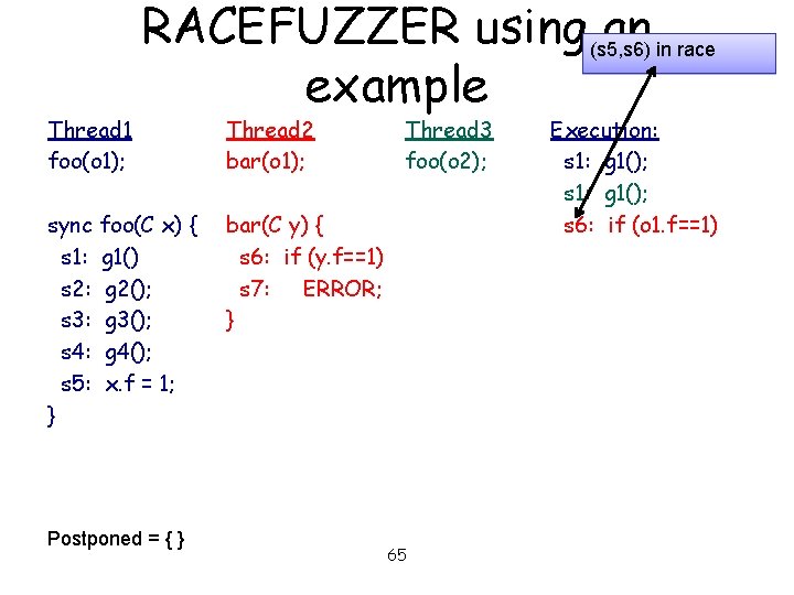 Thread 1 foo(o 1); RACEFUZZER using (s 5, s 6) an in race example