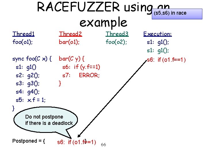 Thread 1 foo(o 1); RACEFUZZER using (s 5, s 6) an in race example