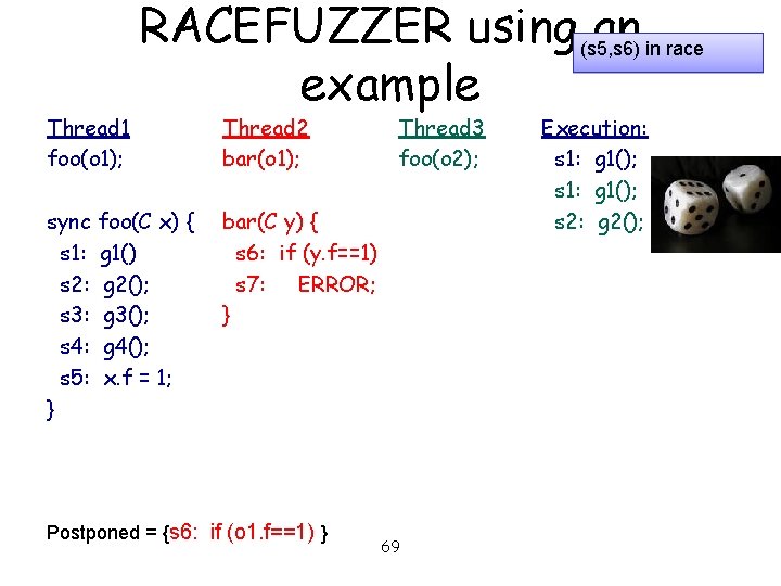 Thread 1 foo(o 1); RACEFUZZER using (s 5, s 6) an in race example