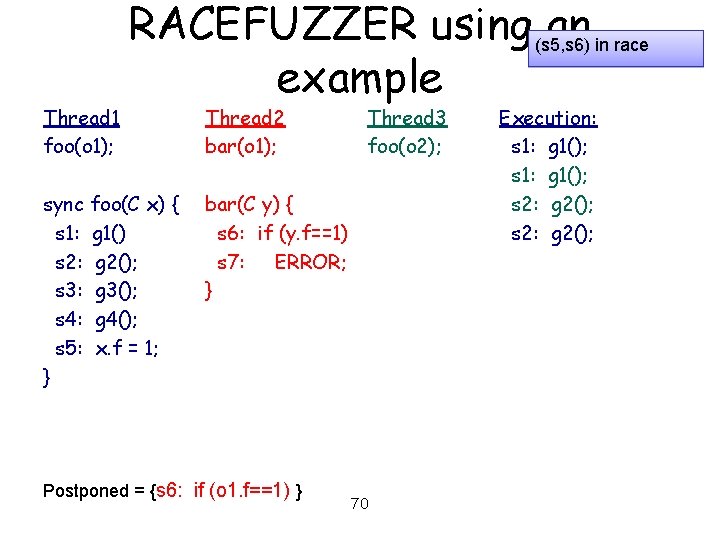 Thread 1 foo(o 1); RACEFUZZER using (s 5, s 6) an in race example