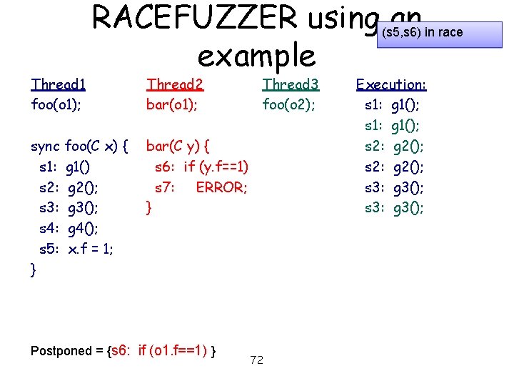 Thread 1 foo(o 1); RACEFUZZER using (s 5, s 6) an in race example