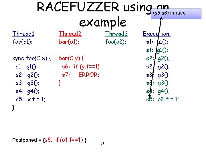 Thread 1 foo(o 1); RACEFUZZER using (s 5, s 6) an in race example