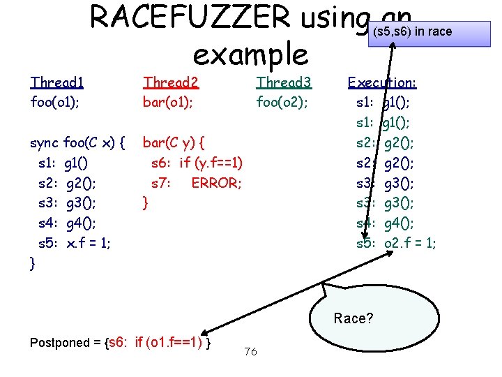 Thread 1 foo(o 1); RACEFUZZER using (s 5, s 6) an in race example