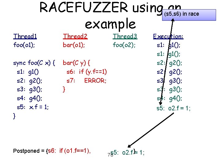 Thread 1 foo(o 1); RACEFUZZER using (s 5, s 6) an in race example