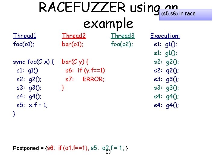 Thread 1 foo(o 1); RACEFUZZER using (s 5, s 6) an in race example