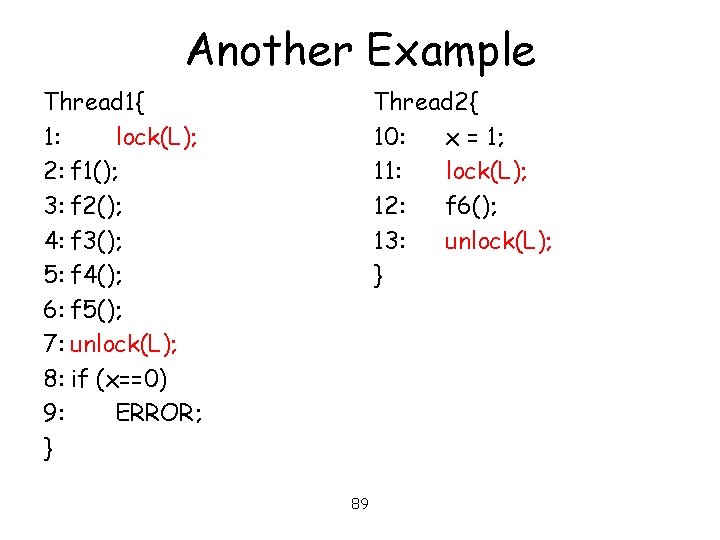 Another Example Thread 1{ 1: lock(L); 2: f 1(); 3: f 2(); 4: f