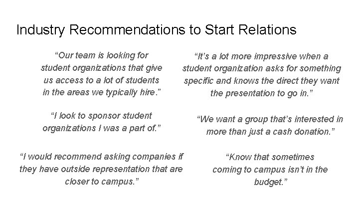 Industry Recommendations to Start Relations “Our team is looking for student organizations that give