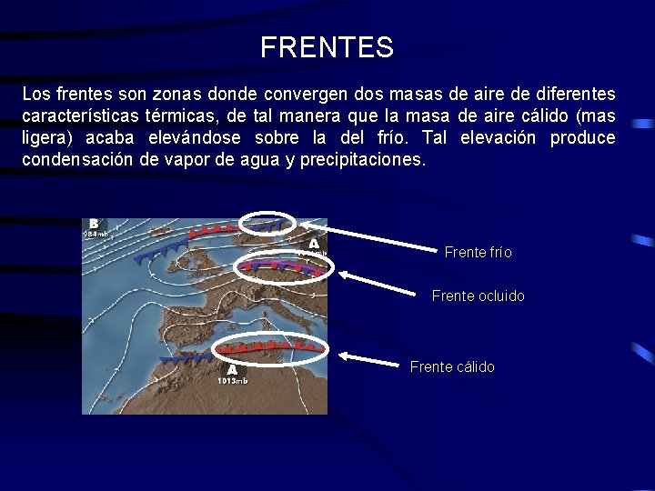 FRENTES Los frentes son zonas donde convergen dos masas de aire de diferentes características FRENTES Los frentes son zonas donde convergen dos masas de aire de diferentes características