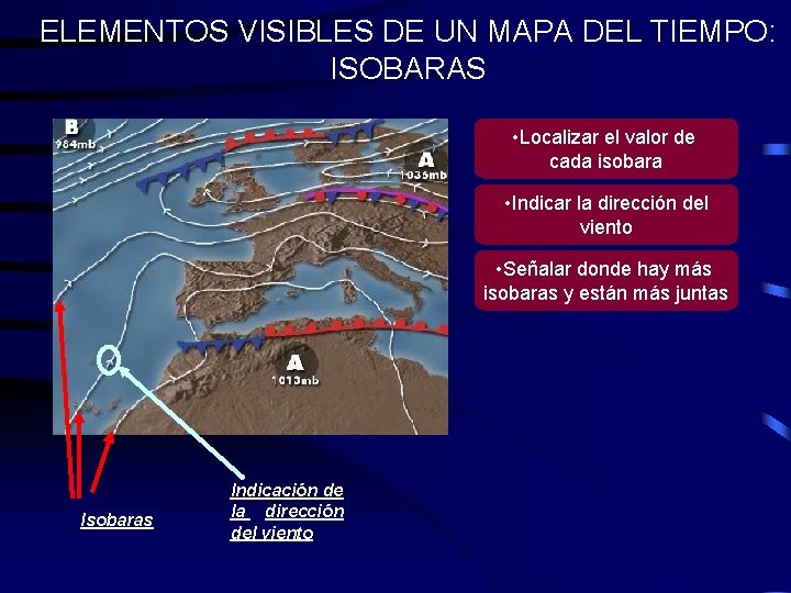 ELEMENTOS VISIBLES DE UN MAPA DEL TIEMPO: ISOBARAS • Localizar el valor de cada ELEMENTOS VISIBLES DE UN MAPA DEL TIEMPO: ISOBARAS • Localizar el valor de cada