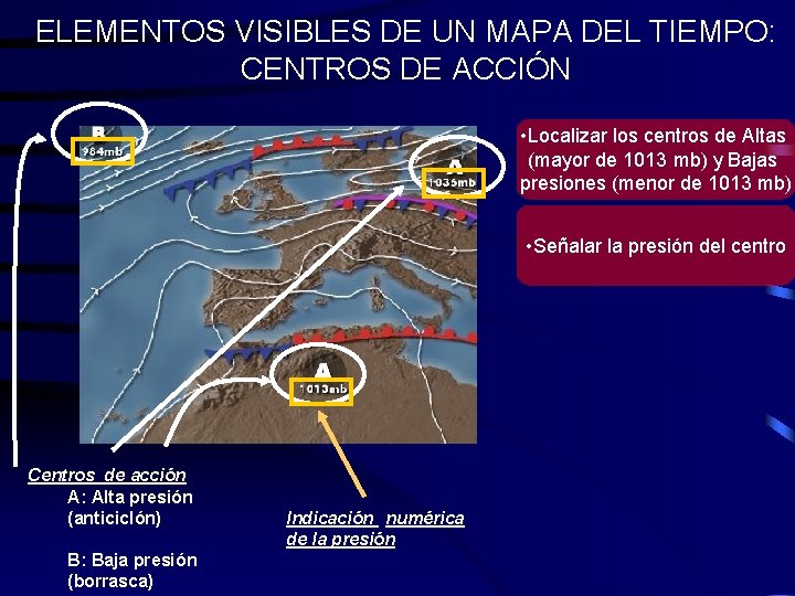 ELEMENTOS VISIBLES DE UN MAPA DEL TIEMPO: CENTROS DE ACCIÓN • Localizar los centros ELEMENTOS VISIBLES DE UN MAPA DEL TIEMPO: CENTROS DE ACCIÓN • Localizar los centros