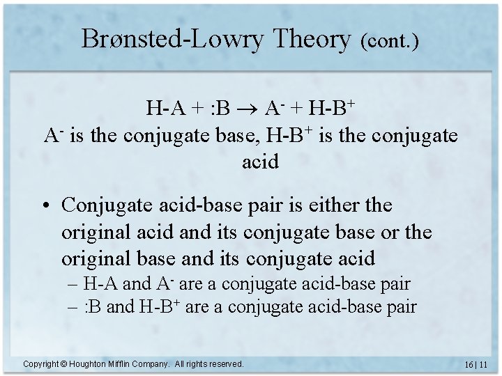 Brønsted-Lowry Theory (cont. ) H-A + : B A- + H-B+ A- is the