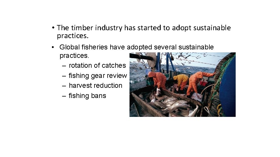  • The timber industry has started to adopt sustainable practices. • Global fisheries