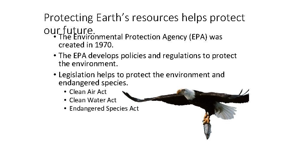 Protecting Earth’s resources helps protect our future. • The Environmental Protection Agency (EPA) was