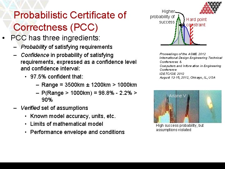 Probabilistic Certificate of Correctness (PCC) Higher probability of success Hard point constraint • PCC