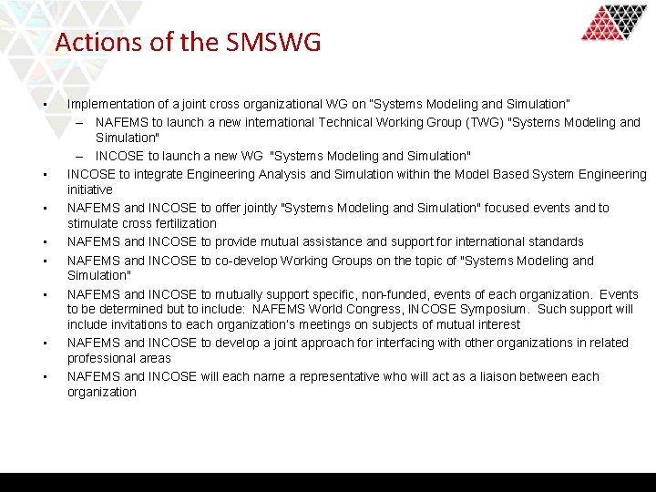 Actions of the SMSWG • • Implementation of a joint cross organizational WG on