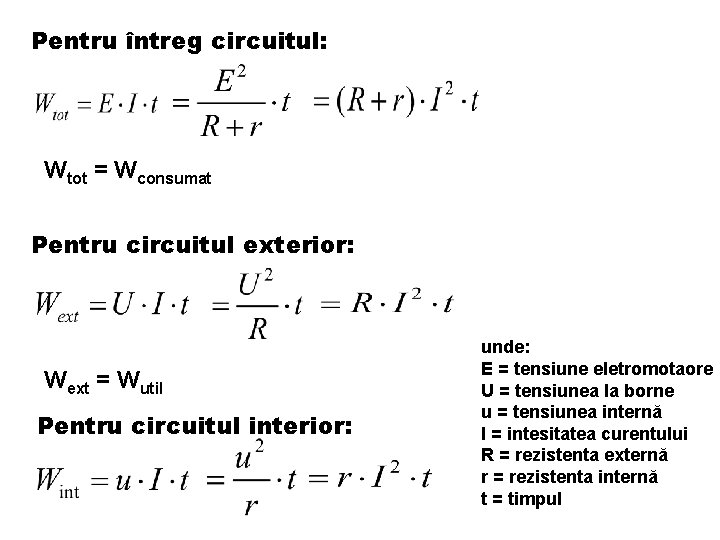 Pentru întreg circuitul: Wtot = Wconsumat Pentru circuitul exterior: Wext = Wutil Pentru circuitul