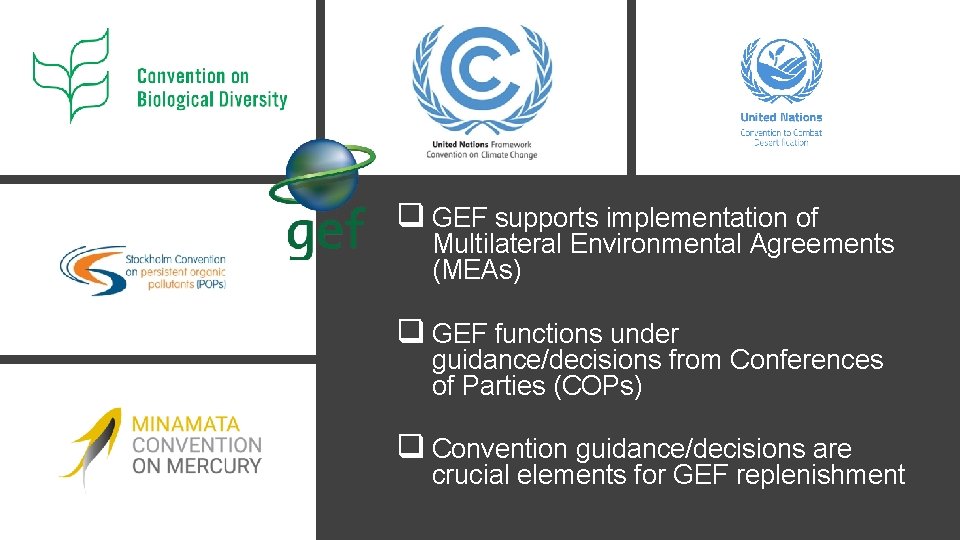 q GEF supports implementation of Multilateral Environmental Agreements (MEAs) q GEF functions under guidance/decisions
