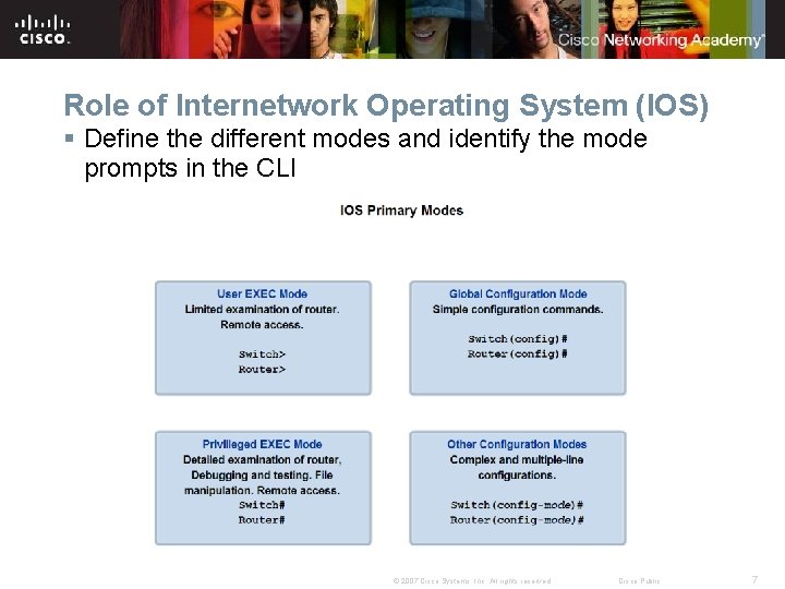 Role of Internetwork Operating System (IOS) § Define the different modes and identify the