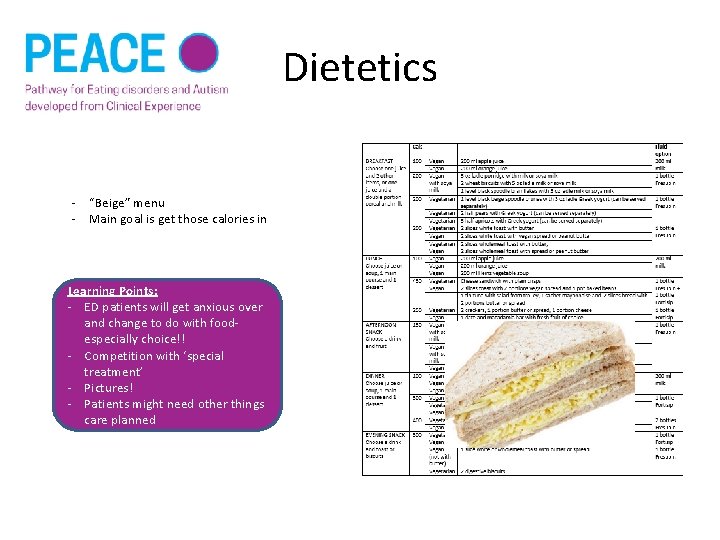 Dietetics - “Beige” menu - Main goal is get those calories in Learning Points: