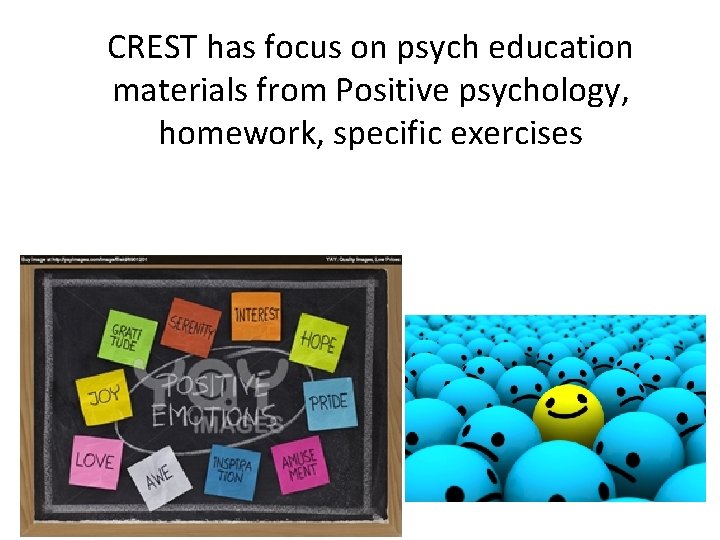 CREST has focus on psych education materials from Positive psychology, homework, specific exercises 