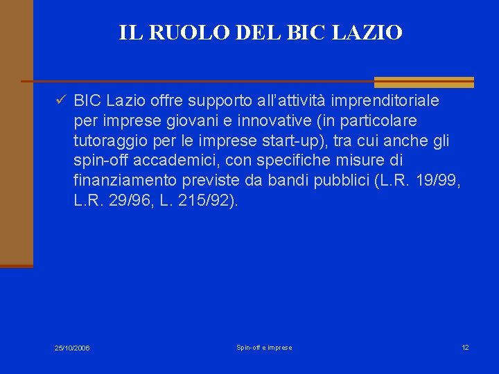 IL RUOLO DEL BIC LAZIO ü BIC Lazio offre supporto all’attività imprenditoriale per imprese IL RUOLO DEL BIC LAZIO ü BIC Lazio offre supporto all’attività imprenditoriale per imprese