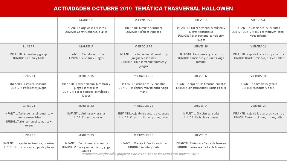 ACTIVIDADES OCTUBRE 2019 TEMÁTICA TRASVERSAL HALLOWEN MARTES 1 MIERCOLES 2 JUEVES 3 VIERNES 4