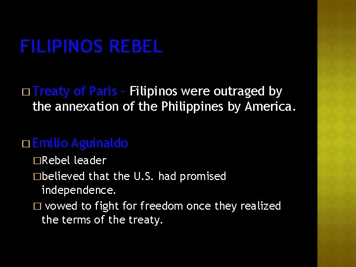 FILIPINOS REBEL � Treaty of Paris – Filipinos were outraged by the annexation of