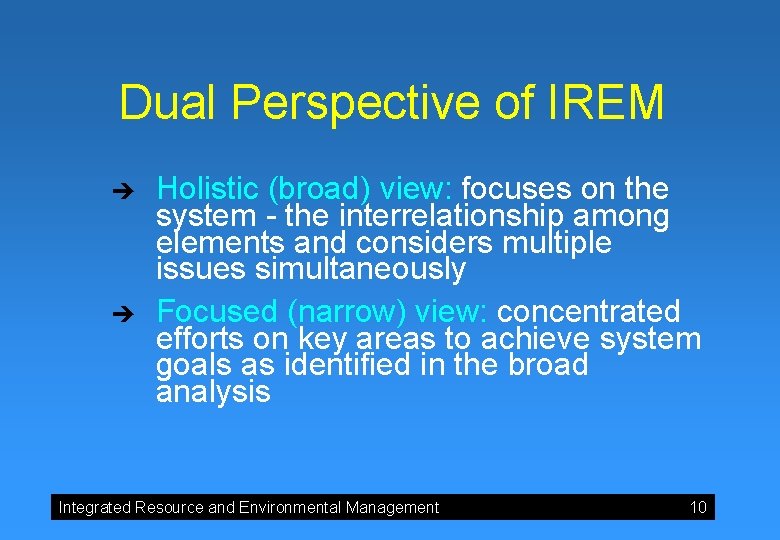 Dual Perspective of IREM è è Holistic (broad) view: focuses on the system -