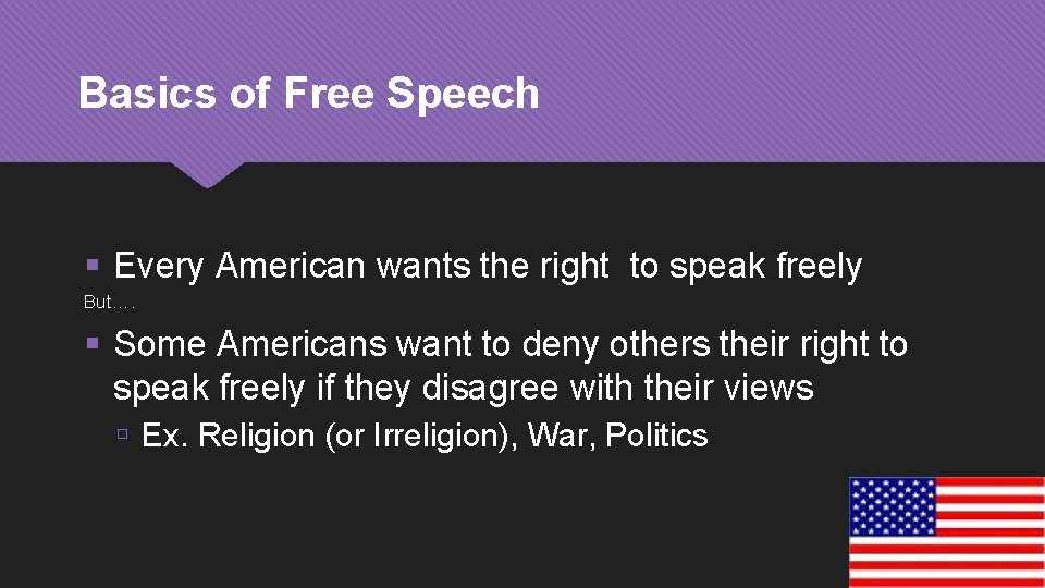 Basics of Free Speech Every American wants the right to speak freely But…. Some