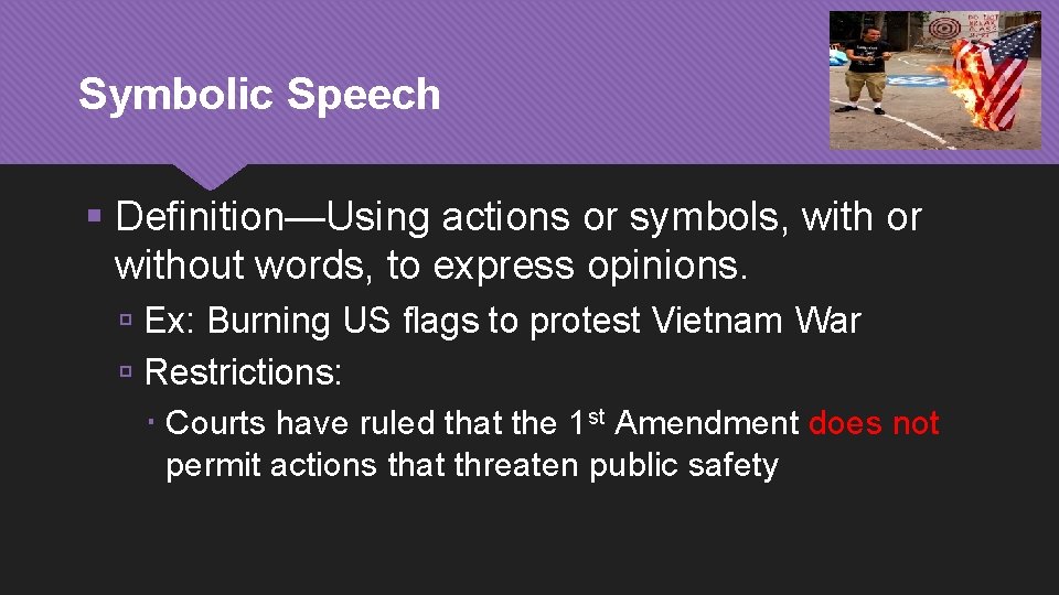 Symbolic Speech Definition—Using actions or symbols, with or without words, to express opinions. Ex: