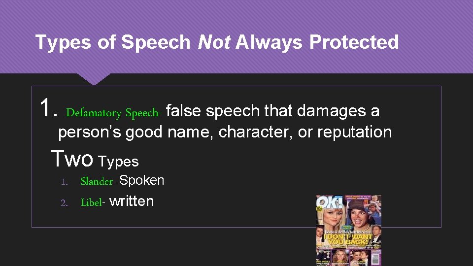 Types of Speech Not Always Protected 1. Defamatory Speech- false speech that damages a